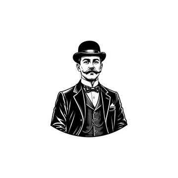 Engraving of a Gentleman with Moustache and Bowler Hat Black and White Vector Illustration.