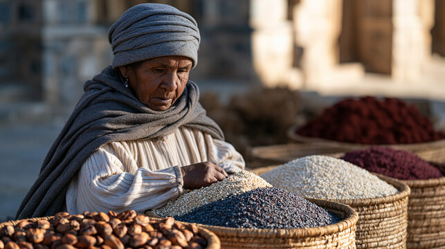 Bolivian highland market at golden hour where an elderly Indigenous vendor arranges dried quinoa varieties, moriche palm fruit, and wild amaranth into traditional woven baskets, longevity foods alti