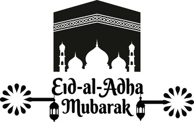 A black and white graphic design featuring a mosque silhouette with Eid-al-Adha Mubarak text, ideal for Islamic holiday greetings and celebrations. © MUHMUDABEGUM