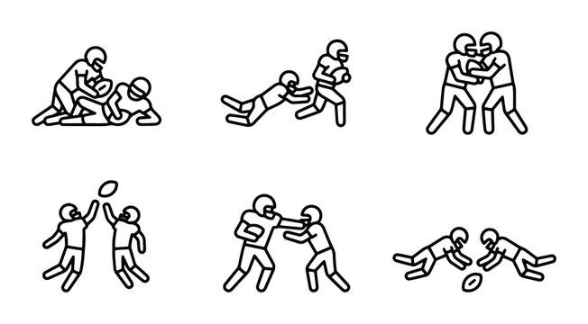 American Football Action Icons: Tackling, Running, Blocking, Catching, Sports Vector Set