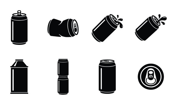 Set of 8 Black Soda Cans, Beverage Containers, Drink Packaging Icons, Refreshment Elements, Metal Cans, Liquid Splash, Crushed Can, Top View
