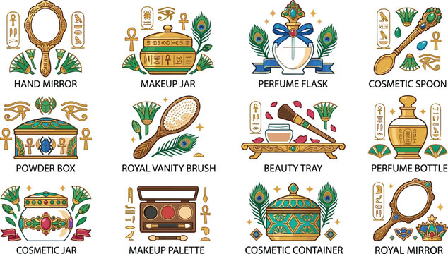 Ancient Egyptian Royal Beauty Icon Set Featuring Gold Hand Mirrors Makeup Jars Perfume Bottles and Cosmetic Palettes with Hieroglyphics and Lotus Symbols for Luxury Graphic Designs