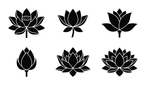 Black Lotus Flower Icons, Sacred Symbol Vector Set, Elegant Floral Graphics, Zen Meditation Elements