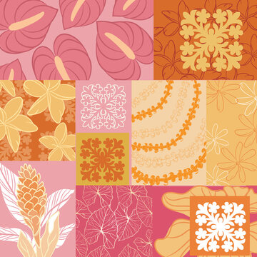 Hawaiian Tropical Seamless Pattern Collection Vector Illustration