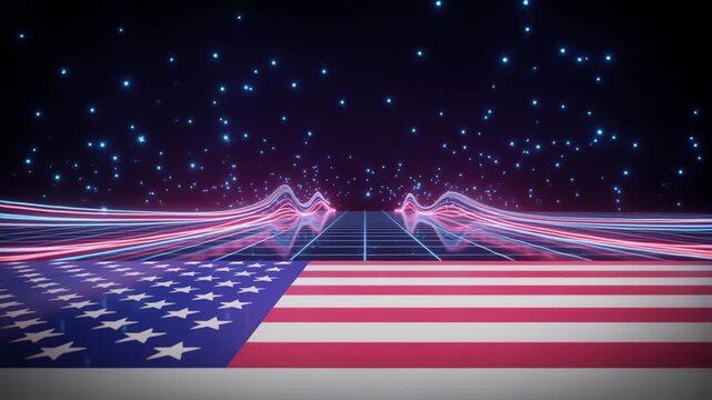 Waving american flag with futuristic light trails and stars in night sky 4K Ai HD high quality video.