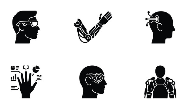 Futuristic Technology Icons: Cybernetic Arm, Brain Interface, VR Glasses, Exoskeleton, Digital Hand