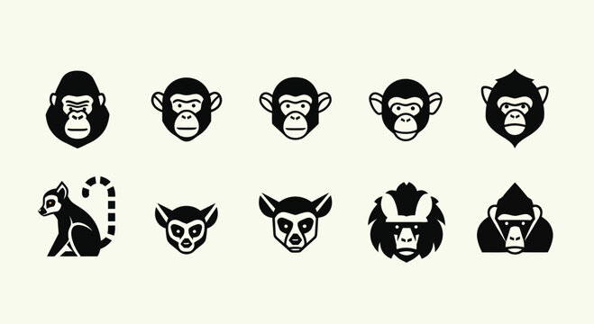 Monkey Faces Icons Set, Primate Animals Collection, Vector Graphics