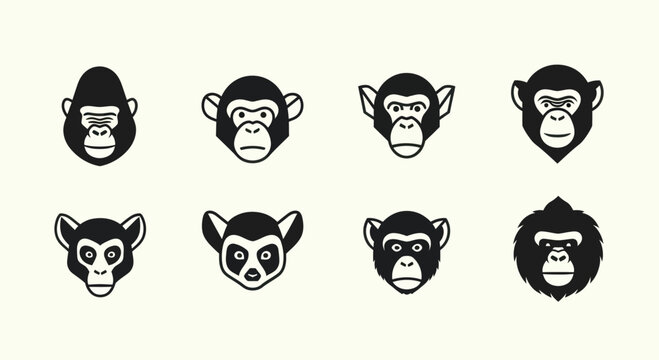 Monkey Faces Icons Set - Gorilla, Chimpanzee, Lemur, Orangutan Avatars