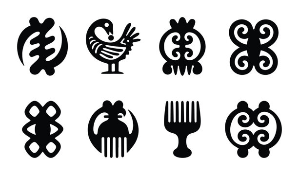 Adinkra Symbols Collection, West African Cultural Icons, Traditional Geometric Patterns, Graphic Design Elements