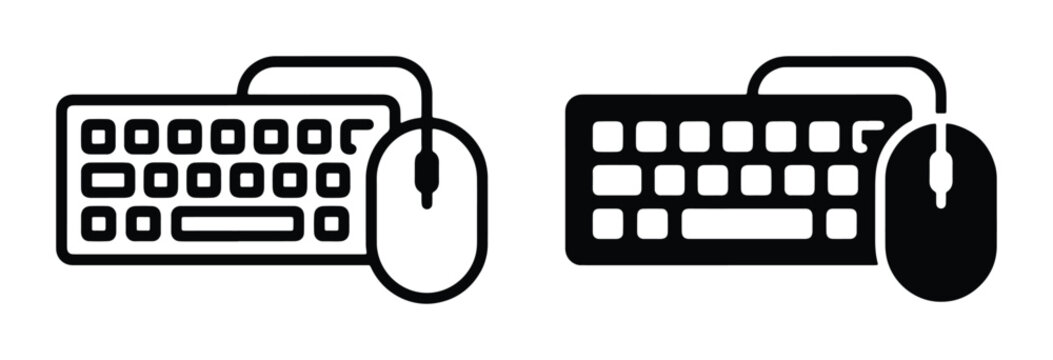 Computer Keyboard and Mouse Icons, Set of Two, Line Art and Solid Fill, Technology Input Devices