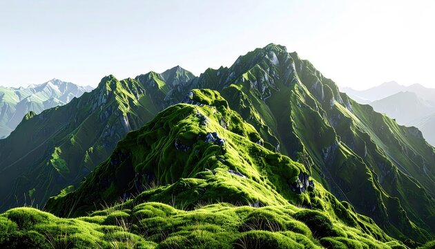 Sunlit mossy mountain peaks bathed in golden light, dramatic natural landscape