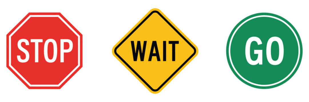 Stop wait go traffic sign icons for road control, navigation signals and transportation guidance vector