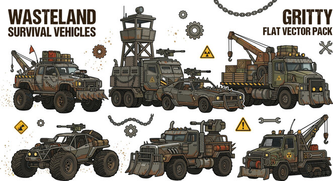 Post Apocalyptic Wasteland Survival Vehicle Vector Pack Featuring Gritty Armored Trucks Buggies and Off Road War Machines for Dystopian Gaming and Graphic Designs