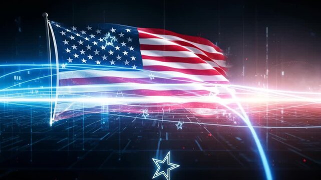American flag waving in futuristic digital environment with neon lights and stars 4K Ai HD high quality video.