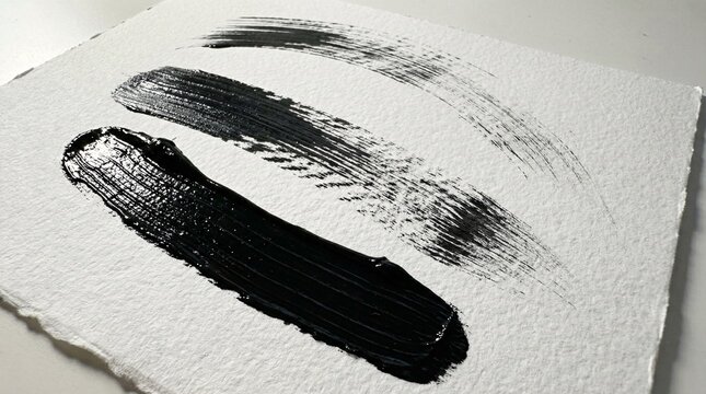 Three parallel black brush strokes showing varied dry and wet textures. Abstract thick black acrylic paint texture series.