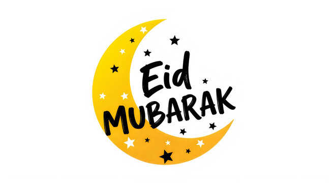 Eid Mubarak greeting card with yellow crescent moon stars isolated on transparent background transparent background