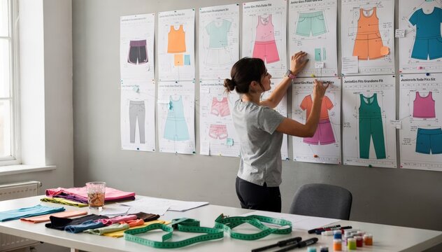 Medium shot of a designer adjusting size grading charts for junior girls focusing on playful and comfortable fit blocks for active wear development.