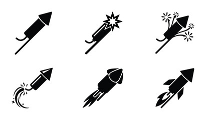 Set of 6 Black Fireworks Rocket Icons, Celebration Explosions, Festive Pyrotechnic Displays, Vector Graphics © Nasrin