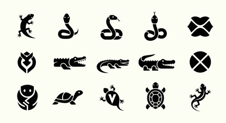 Obraz premium Set of Reptile Icons: Lizards, Snakes, Crocodiles, Turtles, Abstract Symbols