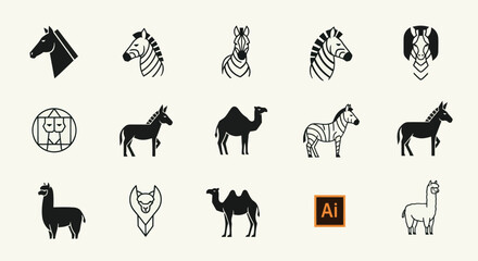 Set of Safari Animal Icons: Horse, Zebra, Camel, Lion, Llama © botot