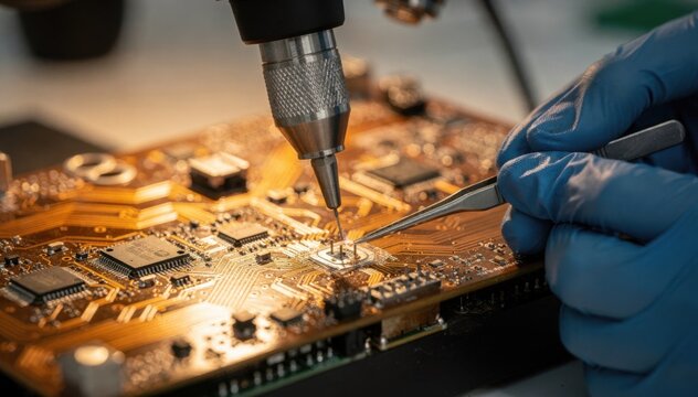 Technician carefully reworking an electronic prototype board using hot air tool and microscope focusing on delicate pad repair for circuit integrity and performance.