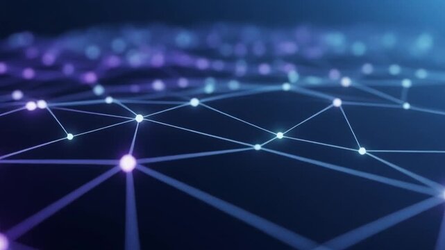 Abstract technological background with glowing network connections, data points, and digital links on a dark blue surface.