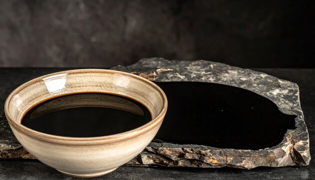 Viscous dark black liquid shimmering in a shallow unglazed ceramic bowl with rocky textured background