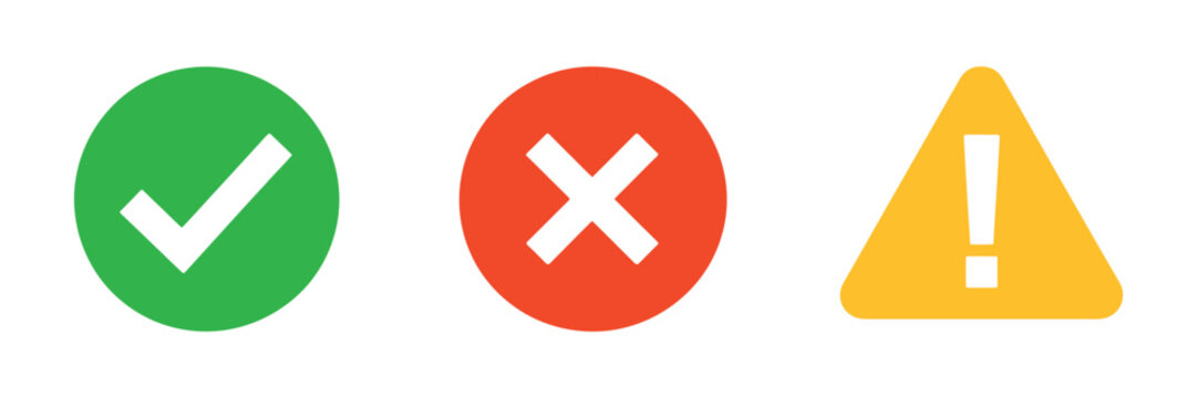 Success error and warning status icon set with check mark cross and alert triangle symbols for system notification and feedback interface, vector