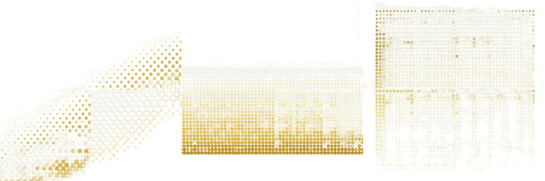 Gold Halftone Pattern and Grid Overlay Set, Metallic Polka Dot Screen Gradients, Abstract Geometric Textures PNG Isolated on White Background for Luxury Graphic Designs