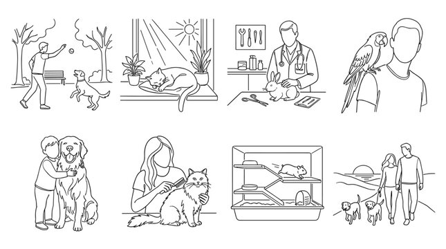 Collection of line art illustrations depicting various pet care activities and interactions