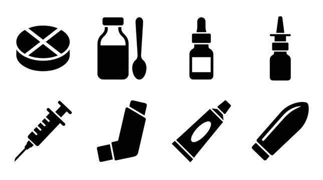 Medical icons set for healthcare and pharmacy symbols including pill syringe inhaler and cream