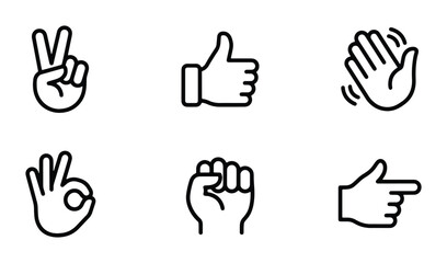 Obraz premium Set of 6 Hand Gesture Icons, Vector Graphics: Thumbs Up, Peace Sign, Clapping, OK, Fist, Pointing