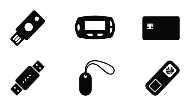 Set of 6 Black Technology Icons: USB Drive, Key Fob, Credit Card, Security Token, Digital Gadget
