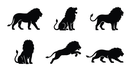 Lion Silhouettes Vector Set: Majestic Feline Poses, Regal Mane, Wild Animal Icons for Graphic Design © Mahin