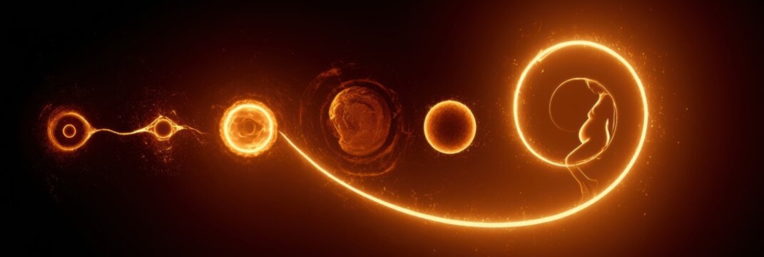 Artwork shows the journey of life from a single cell to a pregnant silhouette using a glowing line on a dark background.