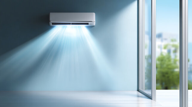 Modern split system unit emit cool air stream into clean room with large window, showing clear sky and green trees for comfortable climate control