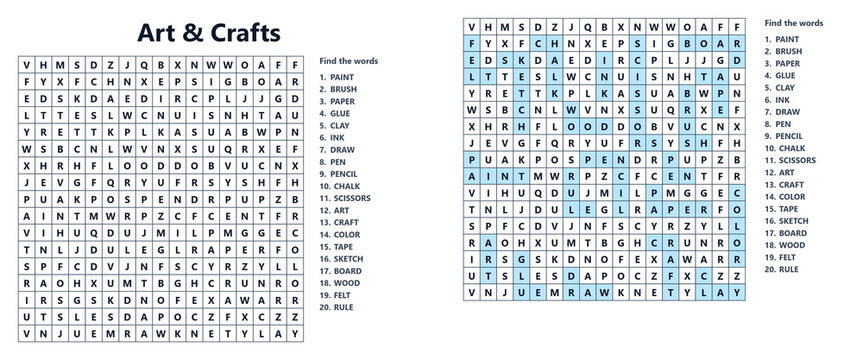 Word search puzzle sheet featuring art and crafts themes  