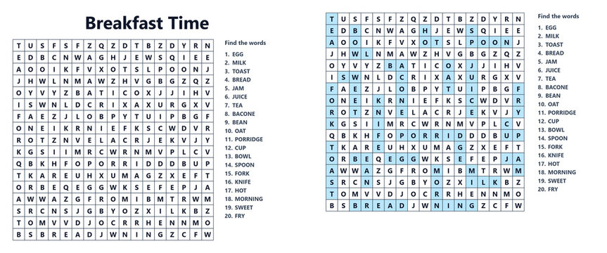 Word seek puzzle sheet featuring breakfast time theme  