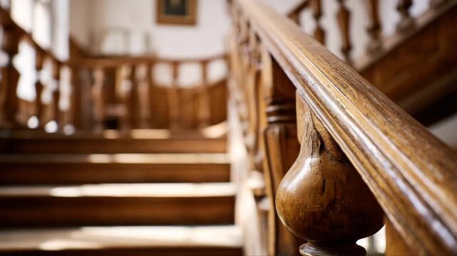 Wooden staircase with ornate banister showcasing intricate details and smooth finish, illuminated by natural light filtering through windows in a historic building