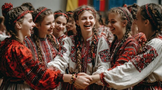Group of cheerful young women wearing traditional folk dresses with beautiful floral embroidery and braided hair holding hands in a circle laughing and celebrating together at a cultural festival