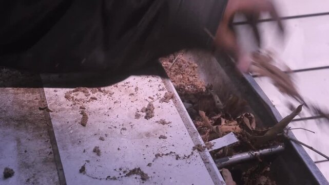 Cleaning gutters of fallen leaves, twigs, and other debris with my bare hands after heavy rain
