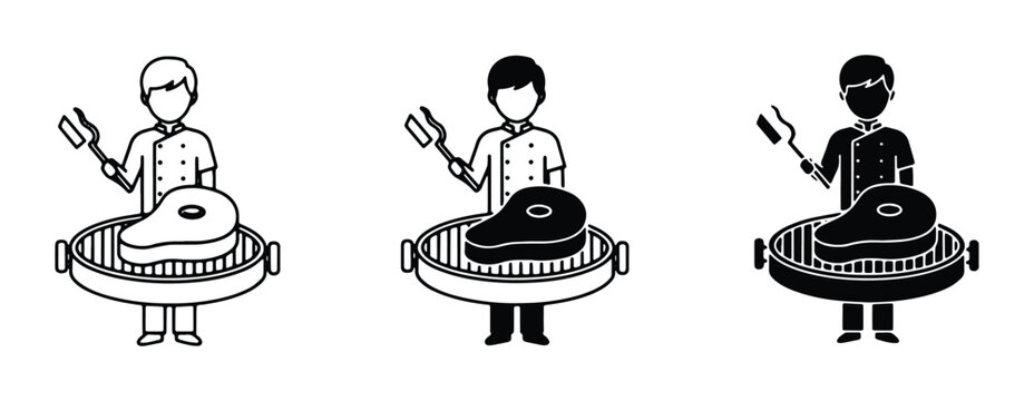 Grill Master Icon Set: Diverse Styles of Chef Cooking Steak on Barbecue, Vector Graphics for Food and Lifestyle