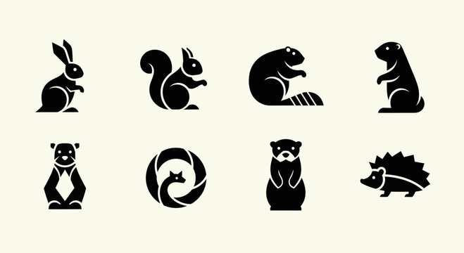 Set of Cute Wild Animal Icons: Rabbit, Squirrel, Beaver, Groundhog, Bear, Fox, Otter, Hedgehog
