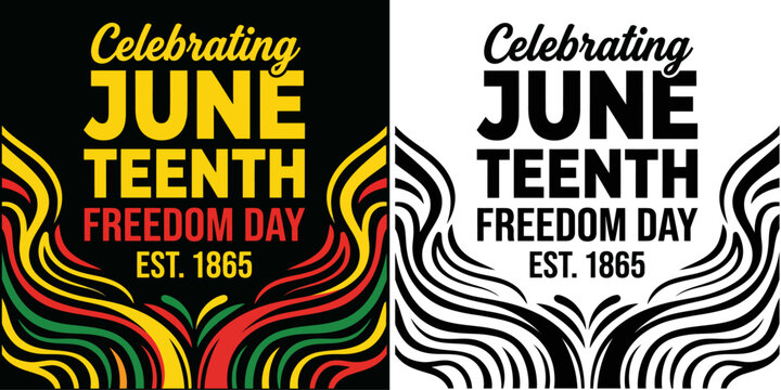 Celebrating juneteenth freedom day typography design with abstract wavy lines and historical date 1865, vector illustration on isolated black and white background