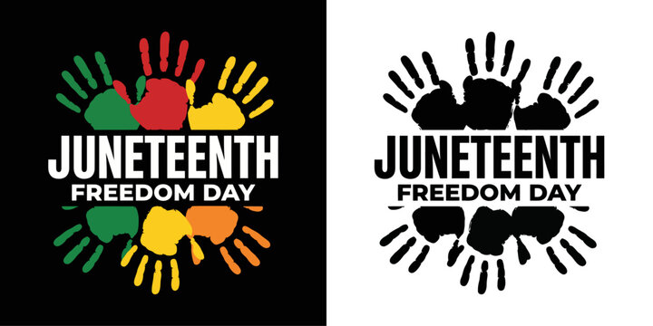 Juneteenth freedom day vector typography with colorful handprints illustration on isolated background