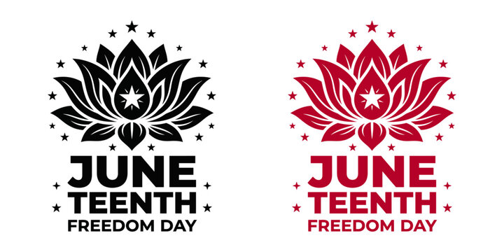 Juneteenth freedom day vector typography design with creative lotus flower motif and stars, african american celebration emblem isolated on white background.