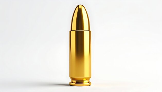 Gleaming metallic bullet with polished golden finish on a stark white background