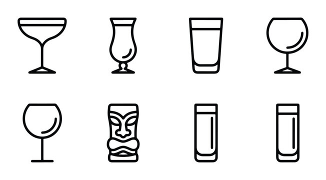 Minimalist Drinkware Icons Set: Cocktail Glasses, Tiki Mug, Shot Glasses, Wine Goblets, Barware Vector Collection