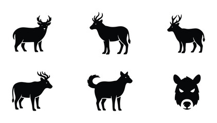 Fototapeta premium Diverse Wildlife Silhouettes: Deer, Antelope, Boar Head, Dog Icons Set, Nature Fauna Vector Collection