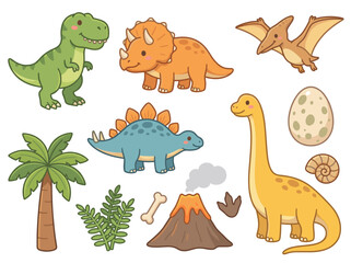 Cute Dinosaur Blob Brush Style Illustration Set T-Rex Triceratops Stegosaurus Volcano Vector Bundle © Chernobyl 